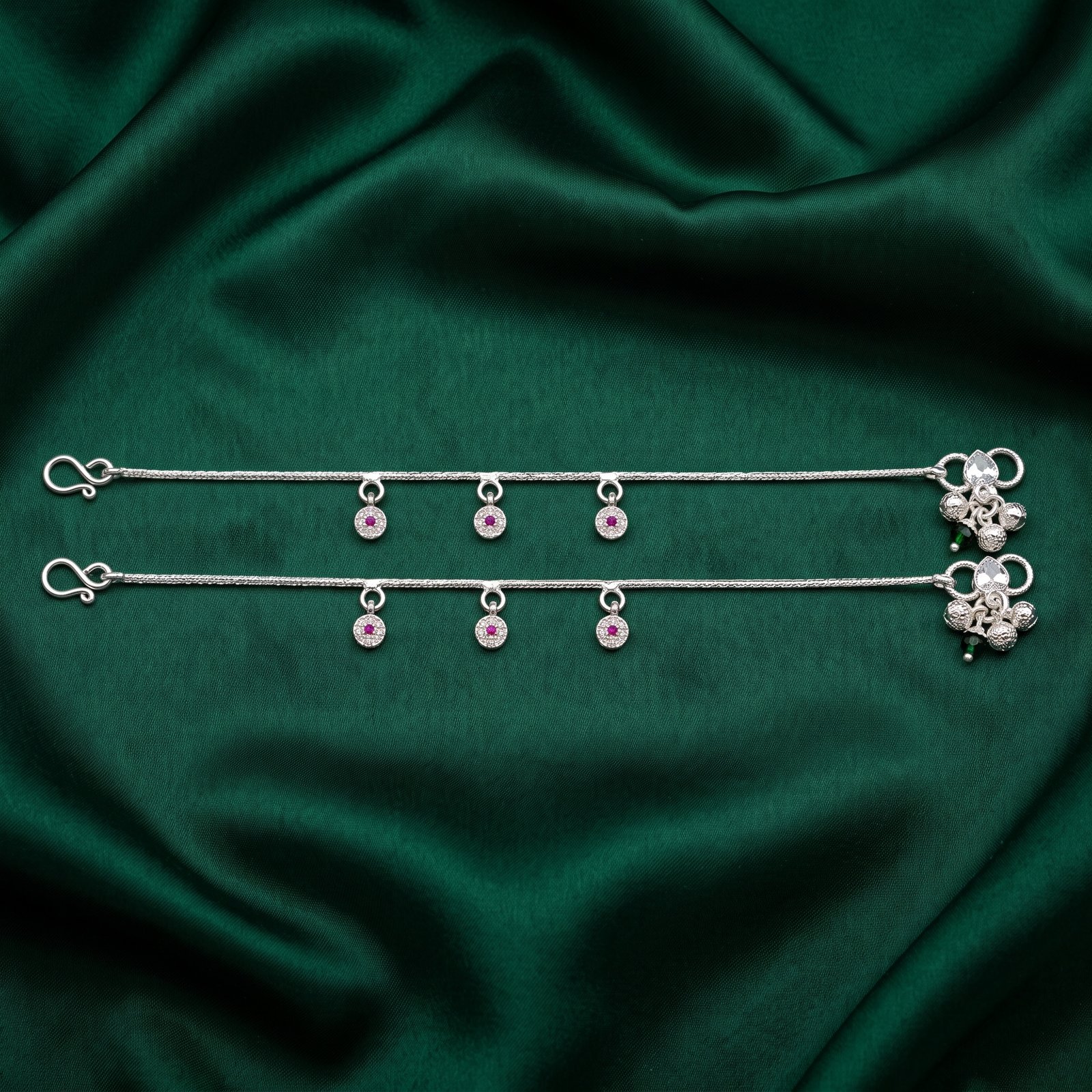 Elegant Silver Payal with CZ and Ruby Circular Charms