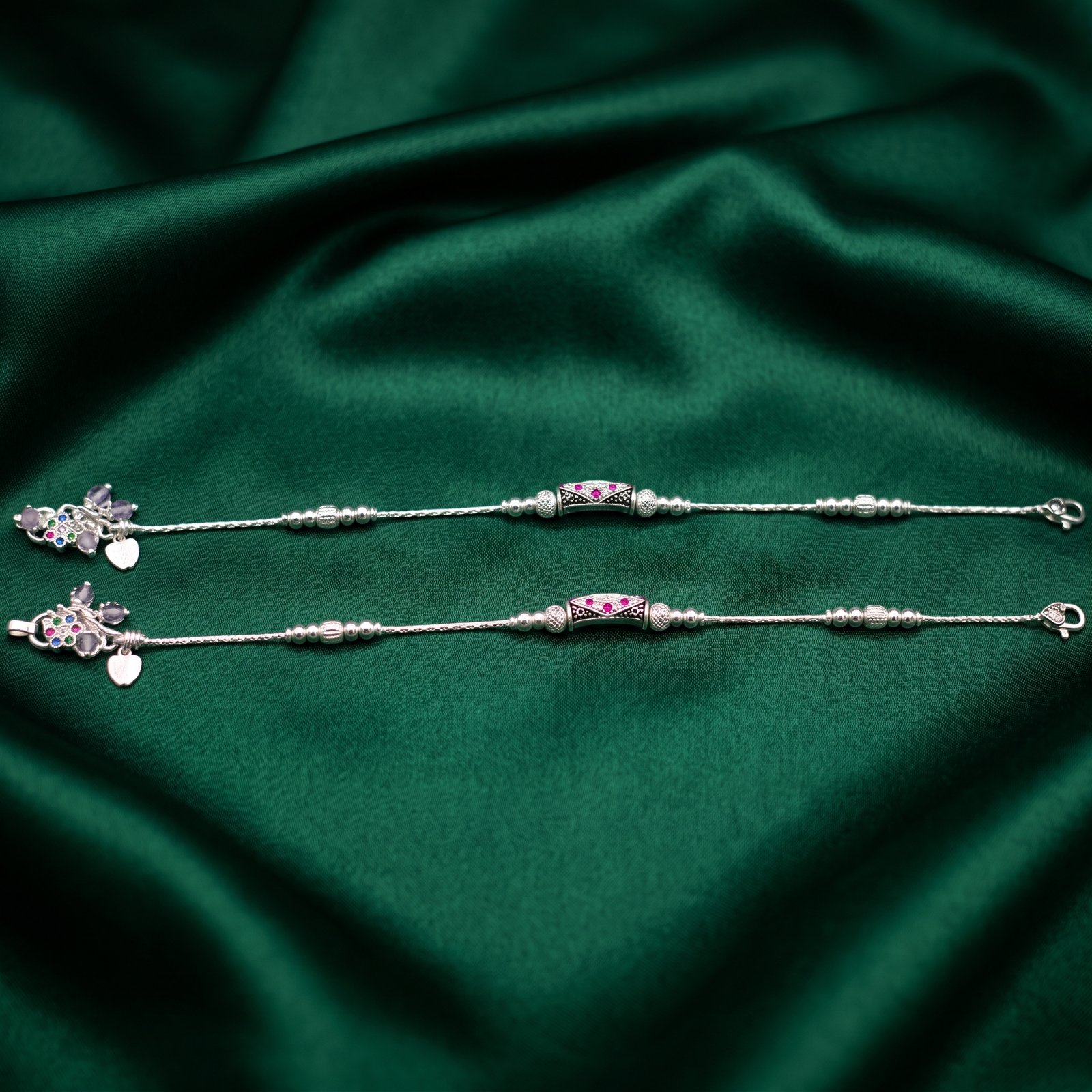 Ornate Silver Payal with Oxidized Accents and Colorful Beads