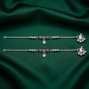 Exquisite Silver Payal with Ruby and Emerald Teardrop Charms