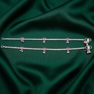 Dainty Silver Payal with Pink Heart Stone and Ghungroo Dangles