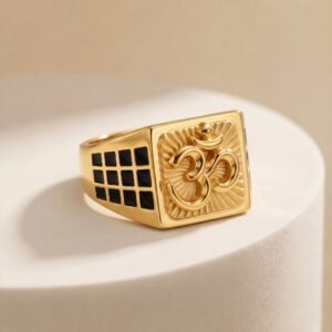 Gold Om Signet Ring with Black Enamel Grid