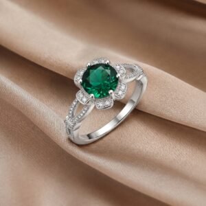 Emerald Green Solitaire Floral Ring