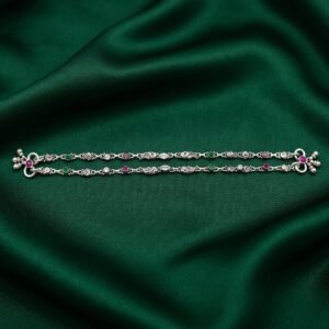 Antique Silver Payal with Multi-Color Navratna Motifs and Paisley Links