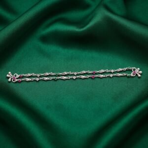 Antique Silver Payal with Geometric Kemp Stones and Leaf Links