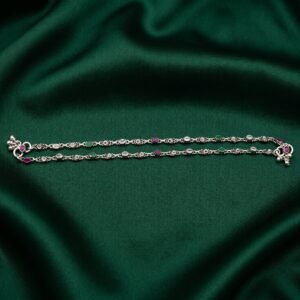 Antique Silver Payal with Oval Navratna Stones and Ball Spacers