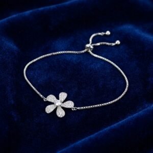 Silver Plated Cubic Zirconia Flower Bolo Bracelet