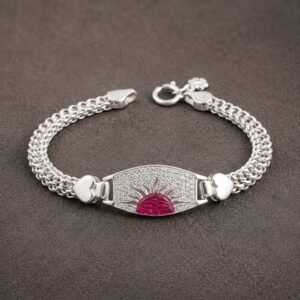Pure Silver Kada Bracelet for Men – Sun God Surya Motif CZ Diamond Studded Interlocking Link Bracelet