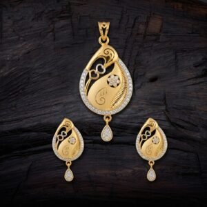 Gold Plated Paisley Pendant & Earrings Set — Elegant CZ Studded Floral Jewelry Suite