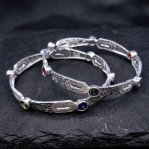 Antique Silver-Plated Multicolor Navratna-Style Filigree Bangles (Set of 2)