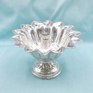 Pure Silver Lotus Diya on Stand – Ornate Hand-Carved Nakshi Chandi Accent Bowl