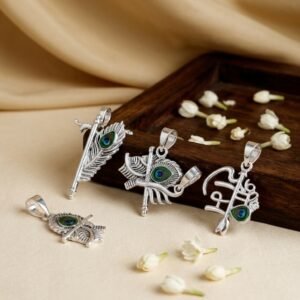 Silver Lord Krishna & Shree Ram Devotional Pendants — Divine Enamel Morpankh Charms