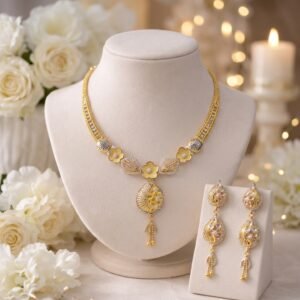 Gold Plated Abstract Floral Choker Set — Festive Modern Drop Jewelry Suite