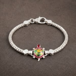 Pure Silver Tortoise Kada Bracelet – Enameled Shell & CZ Ruby Accent Chandi Kachua Bracelet