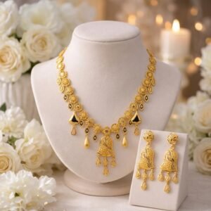 Gold-Plated Bell Filigree Necklace Set — Festive Black Enamel Drop Jewelry Suite