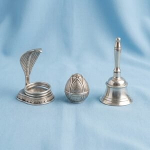 Pure Silver Puja Set (3 Pieces) – Chandi Cobra Nag, Lotus Bud Kumkum Box, and Hand Ghanti Bell