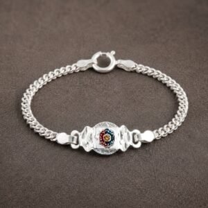 Pure Silver Floral ID Kada Bracelet – Enameled Centerpiece Textured Link Chandi Bracelet for Men & Women