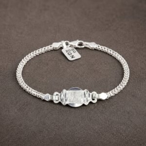 Pure Silver Textured ID Kada Bracelet – Diamond-Cut Bar Curb Chain Chandi Bracelet with Brand Tag