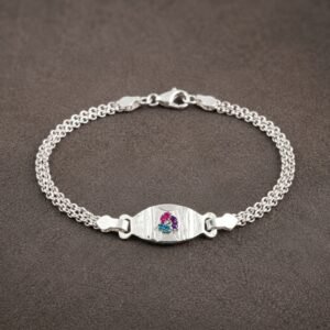 Pure Silver Multi-Gemstone ID Kada Bracelet – CZ Cluster Double Strand Foxtail Chain Chandi Bracelet