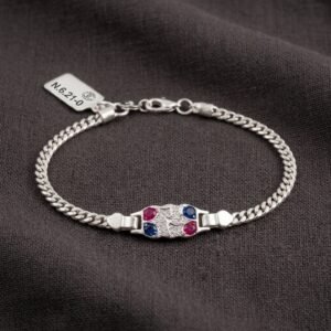 Pure Silver Men's ID Bracelet – Ruby & Blue Sapphire Accented CZ Diamond Curb Chain Chandi Kada Bracelet