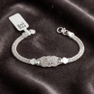 Pure Silver Micro-Pavé ID Kada Bracelet – Textured Leaf Motif Double Strand Foxtail Chain Chandi Bracelet