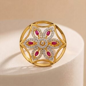 Gold-Plated Ruby Floral Cocktail Ring — Ornate Circular CZ Statement Ring