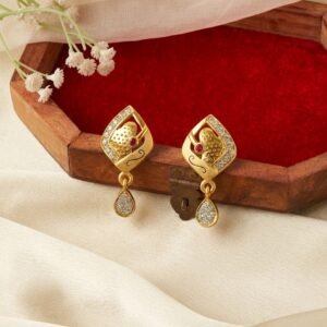 Gold-Plated Rhombus Matte Drop Earrings — Festive Ruby Accent CZ Earrings