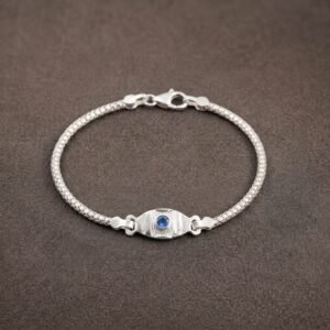 Pure Silver Blue Sapphire Accent ID Kada Bracelet – Single Stone Geometric Chandi Foxtail Chain Bracelet