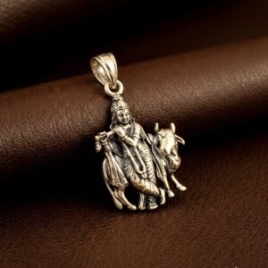 Silver Lord Krishna with Cow Antique Devotional Pendant
