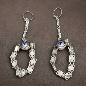 Pure Silver Royal Bichhiya Toe Rings with Attached Chain – Blue Stone Studded Traditional Bridal Chandi Toe Rings
