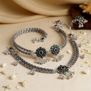 Pure Silver Oxidized Cut-Stone Anklet — Vintage Floral Payal with Ghungroo Charms