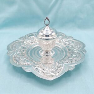 Pure Silver Puja Thali with Integrated Lidded Kumkum Chandi Bowl – Ornate Floral Engraved Nakshi Plate