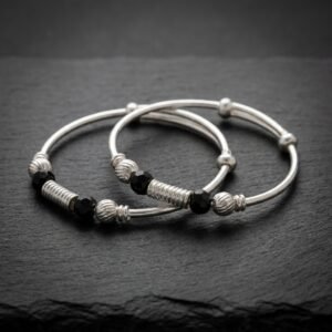 Sterling Silver Adjustable Baby Nazariya Kada Bangles with Protective Black Beads and Corrugated Spacer Accents
