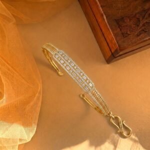 Gold-Plated Baguette CZ Kada Bracelet — Festive Intricate Wire Mesh Bracelet