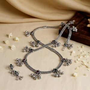 Silver Chevron Anklet Set — Traditional Geometric Payal with Stone Clusters