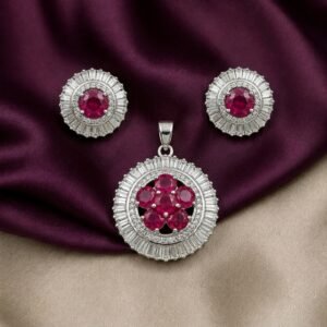 Ruby Red Flower Baguette Halo Pendant and Earrings Set