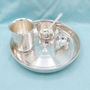 Pure Silver Thali Set (5 Pieces) – High-Polish Traditional Silver Dinnerware & Puja Plate Set