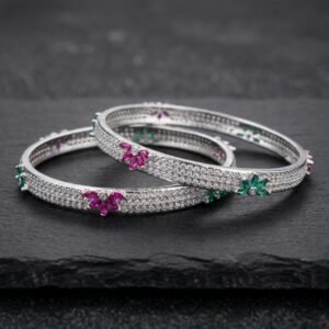 Ornate Pavé Zircon Floral Silver-Plated Festive Bangles (Set of 2)