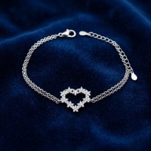 Silver-Plated Layered Crystal Open Heart Bracelet