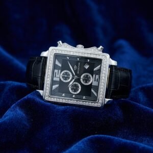 Men's Premium Square Chronograph Watch with Diamond Bezel & Black Leather Strap