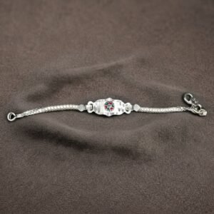 Pure Silver Kids ID Bracelet – Enameled Flower Motif Chandi Nazariya / Box Chain Bracelet for Babies