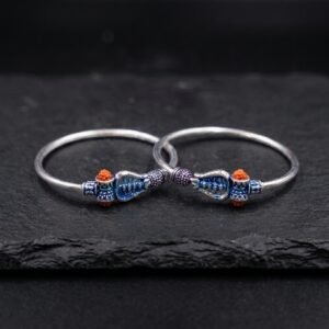 Sterling Silver Baby Shiv Trishul Kada Bangles with Miniature Rudraksha Beads and Blue Meenakari Enamel