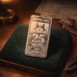 999 Fine Silver Bullion Bar – 25 Grams / Twenty-Five Grams Pure Silver with Twin Rearing Horses Design