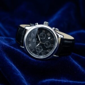 Men's Premium Classic Black Dial Chronograph Watch with Black Croc Leather Strap