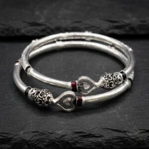 Traditional Antique Oxidized Silver Heart & Filigree Kada Bangles (Set of 2)