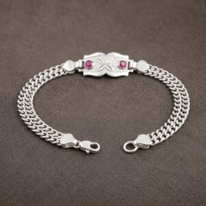 Pure Silver Men's ID Bracelet – Ruby Accented Double Curb Link Chandi Kada Bracelet