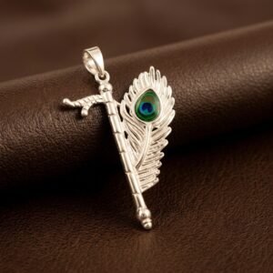 Silver Lord Krishna Flute & Peacock Feather Pendant