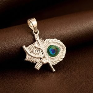 Silver Lord Krishna Horizontal Flute & Large Mor Pankh Pendant