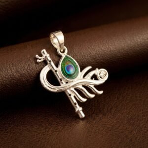 Silver Lord Krishna Abstract Flute & Swirling Mor Pankh Pendant