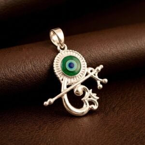 Silver Lord Krishna Om, Flute & Circular Mor Pankh Pendant