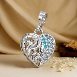 Silver Filigree Heart Pendant with Aqua & Clear Accents
